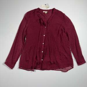 NWT Anthropologie Meadow Rue Burgundy Silk Clip Dot Tie Neck Blouse